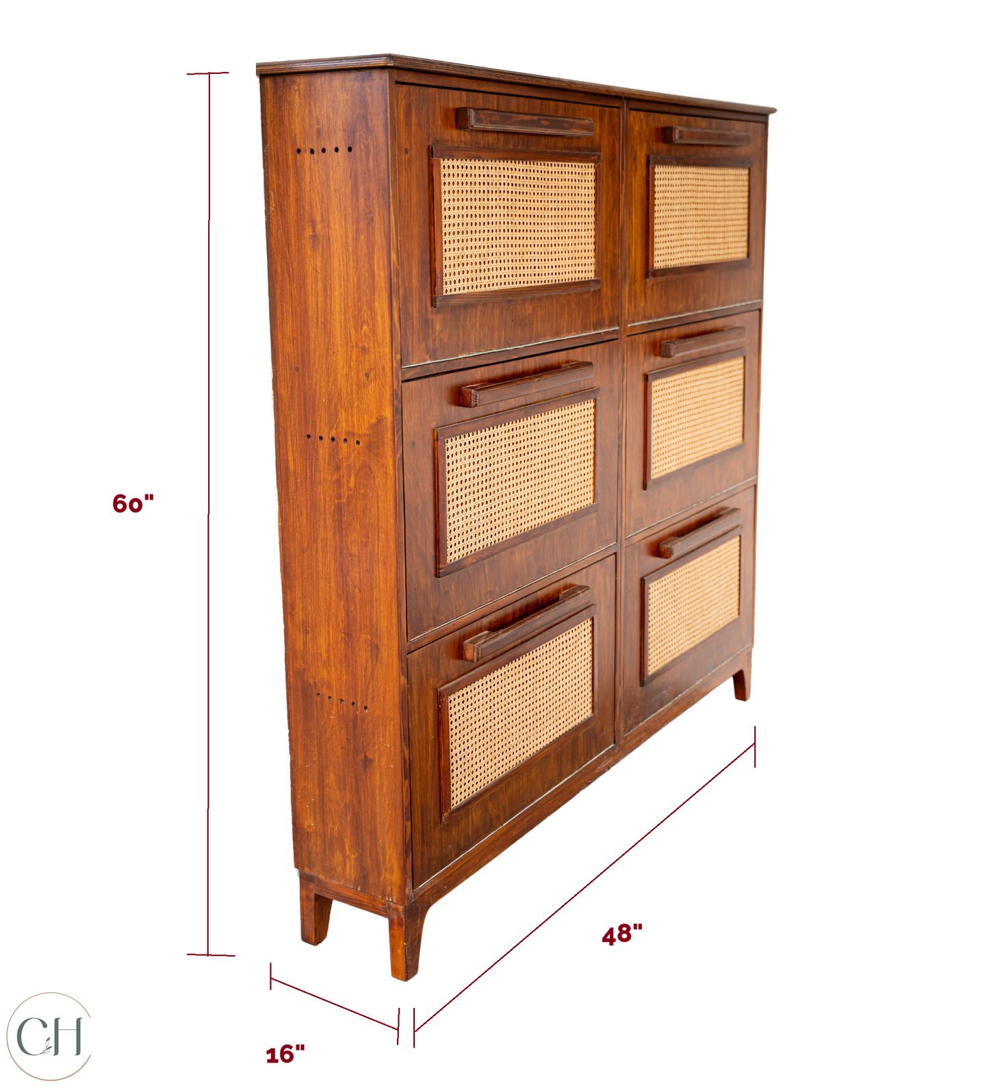 CustHum - ISO view of large wooden shoe rack with six compartments; the cabinet has rattan on panel and wooden handles, shown against white background with dimensions