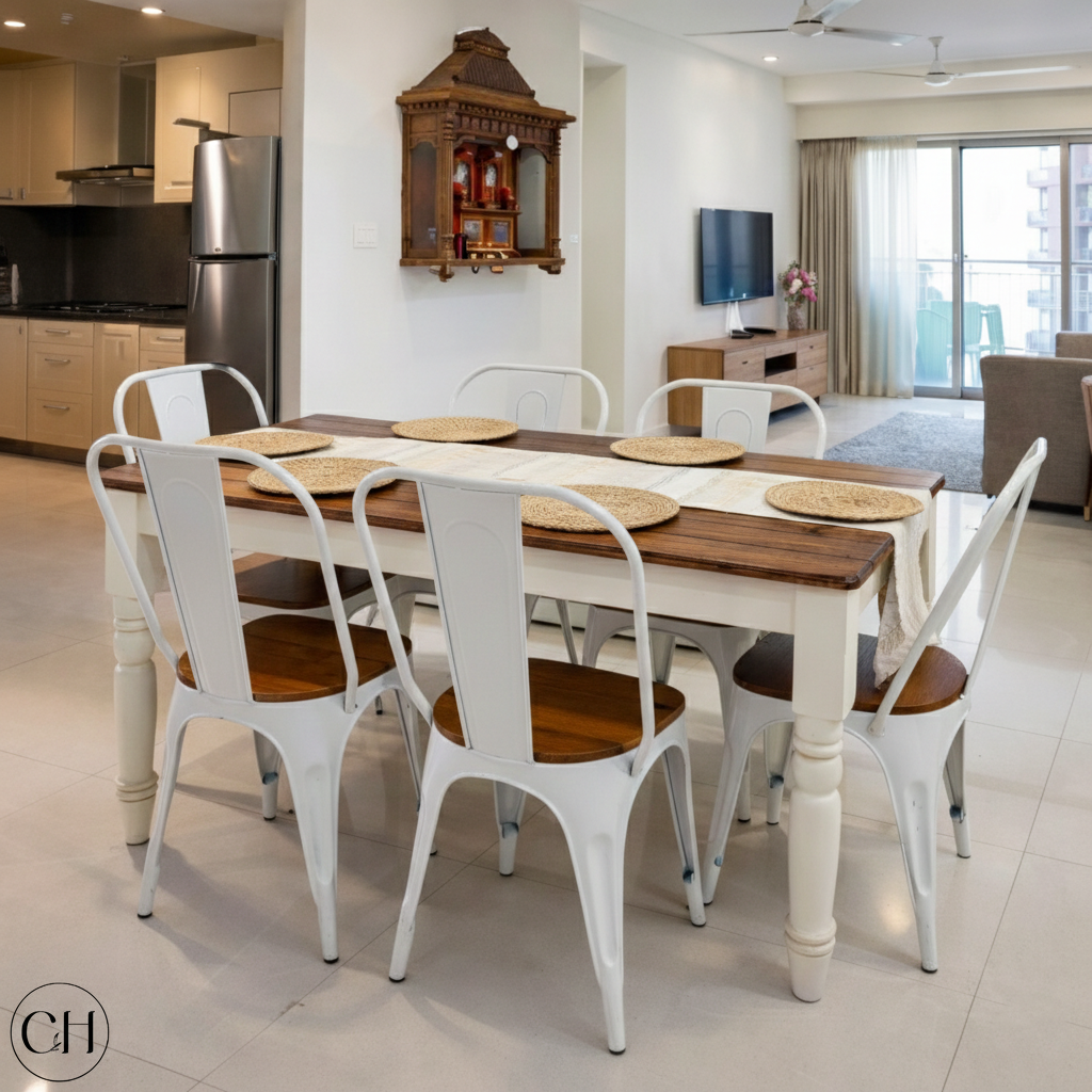 6-seater dining set with wooden table and metal chairs in wood-white tone placed in a modern Indian apartment | CustHum