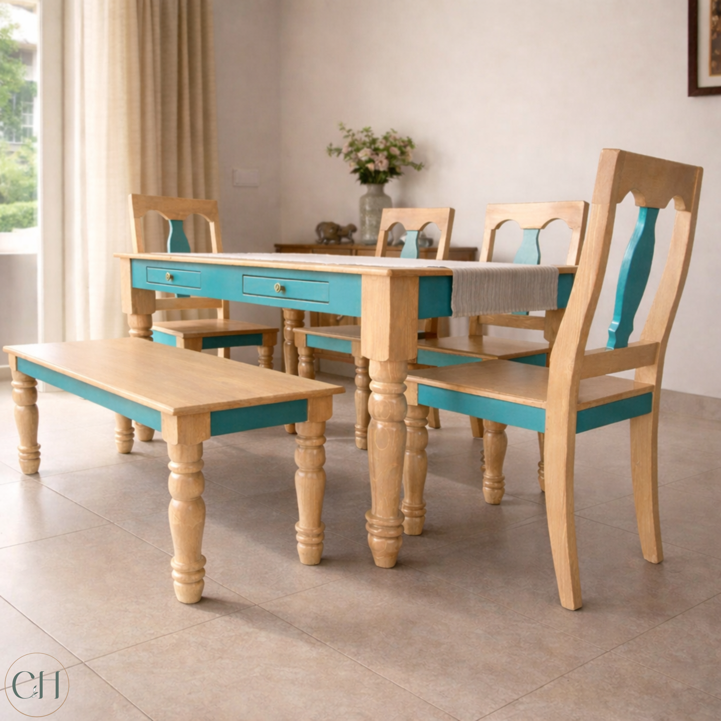 Farmhouse-style dining set with wooden table and chairs, featuring a mix of natural pine wood tone and teal, in a well-lit room | CUSTHUM