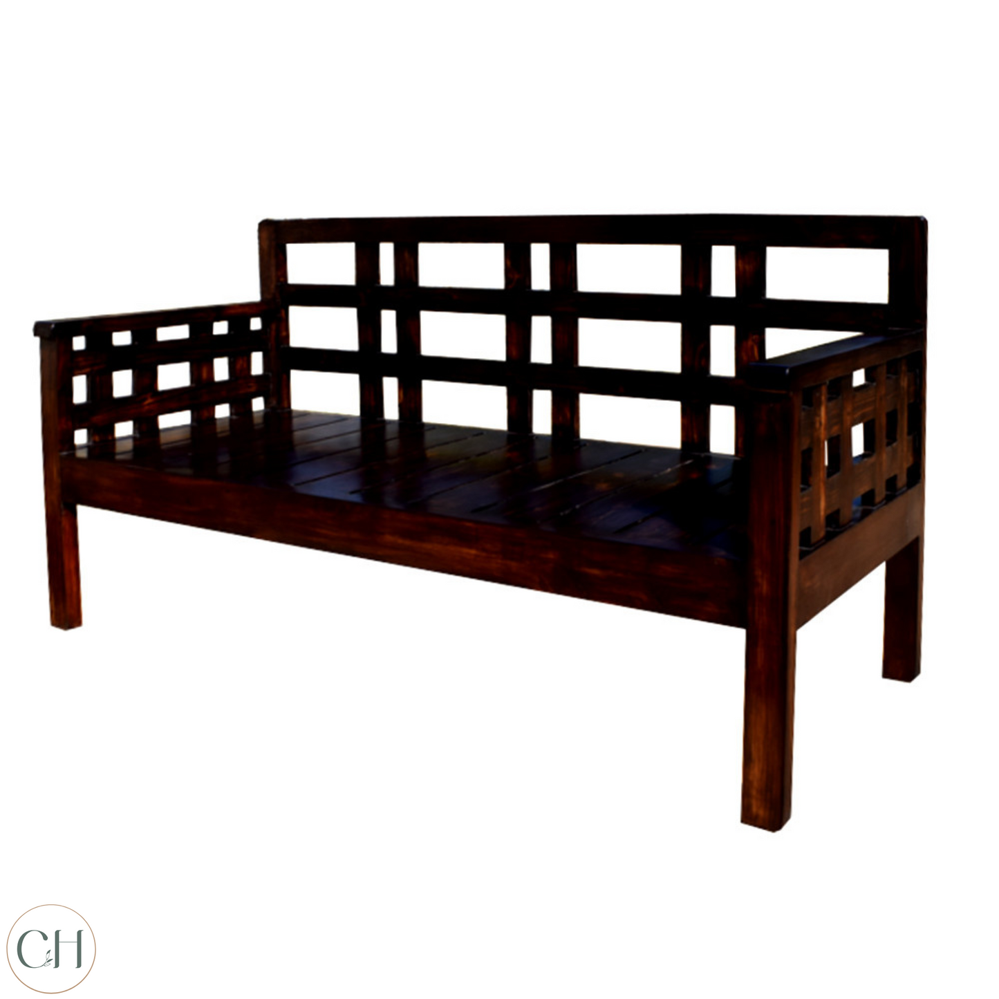 Wooden bench with lattice backrest on a white background