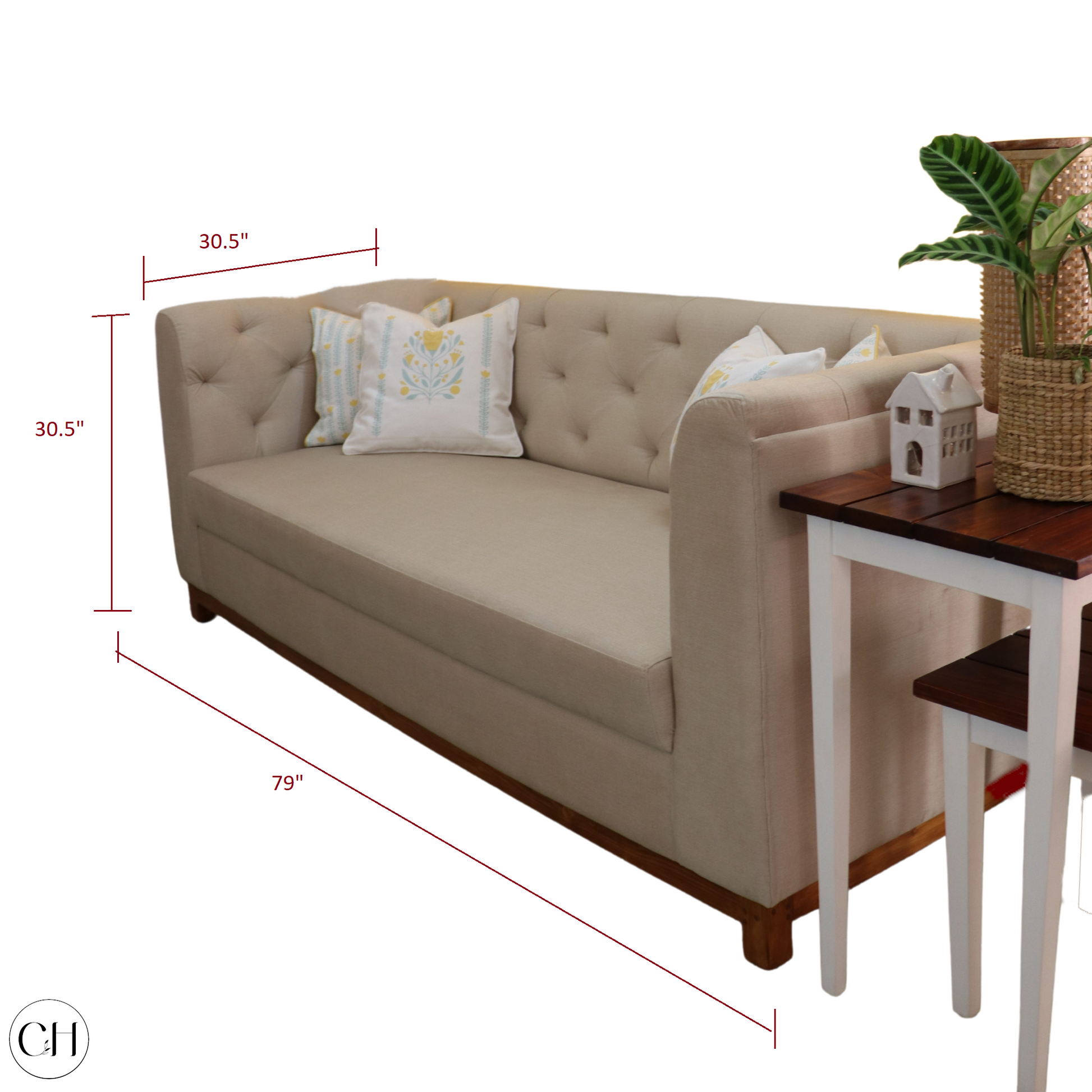 CustHum - upholstered sofa in beige with hand-tufing (dimensions)