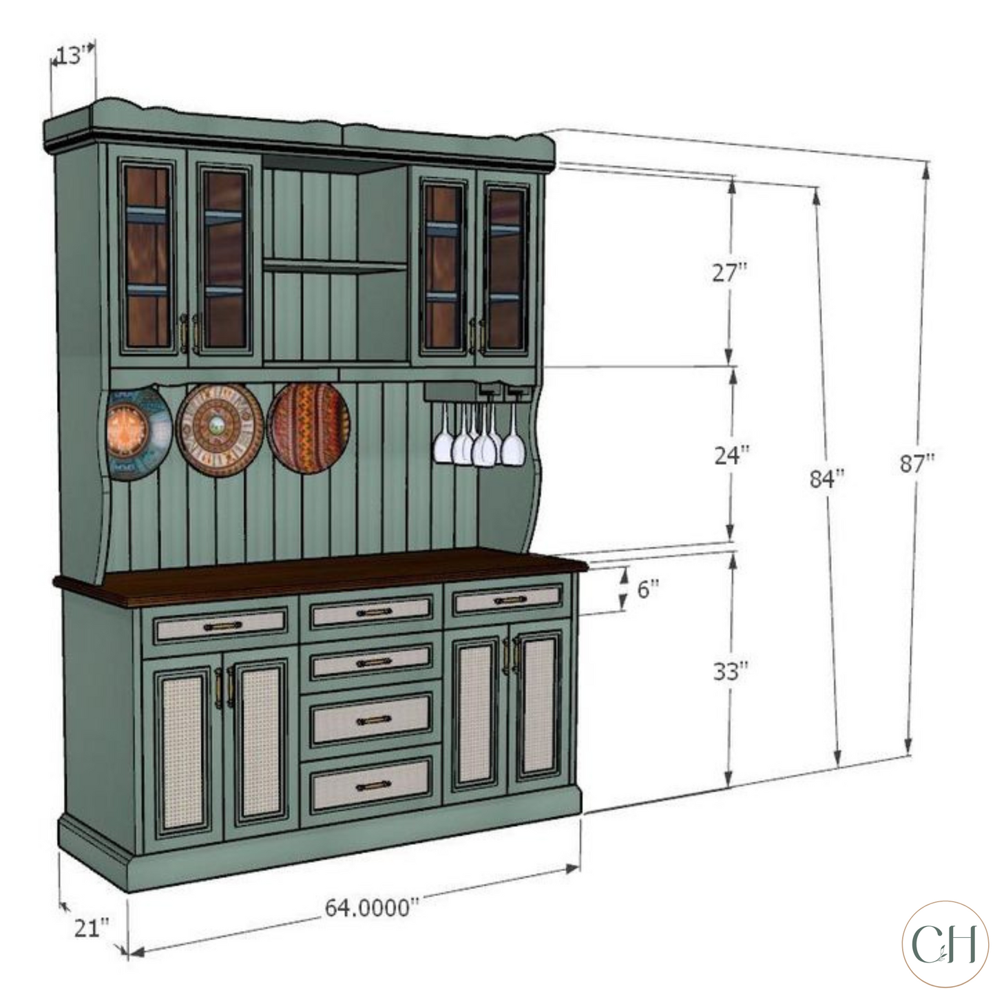 Edna - Full-size Wooden Crockery Cabinet Hutch