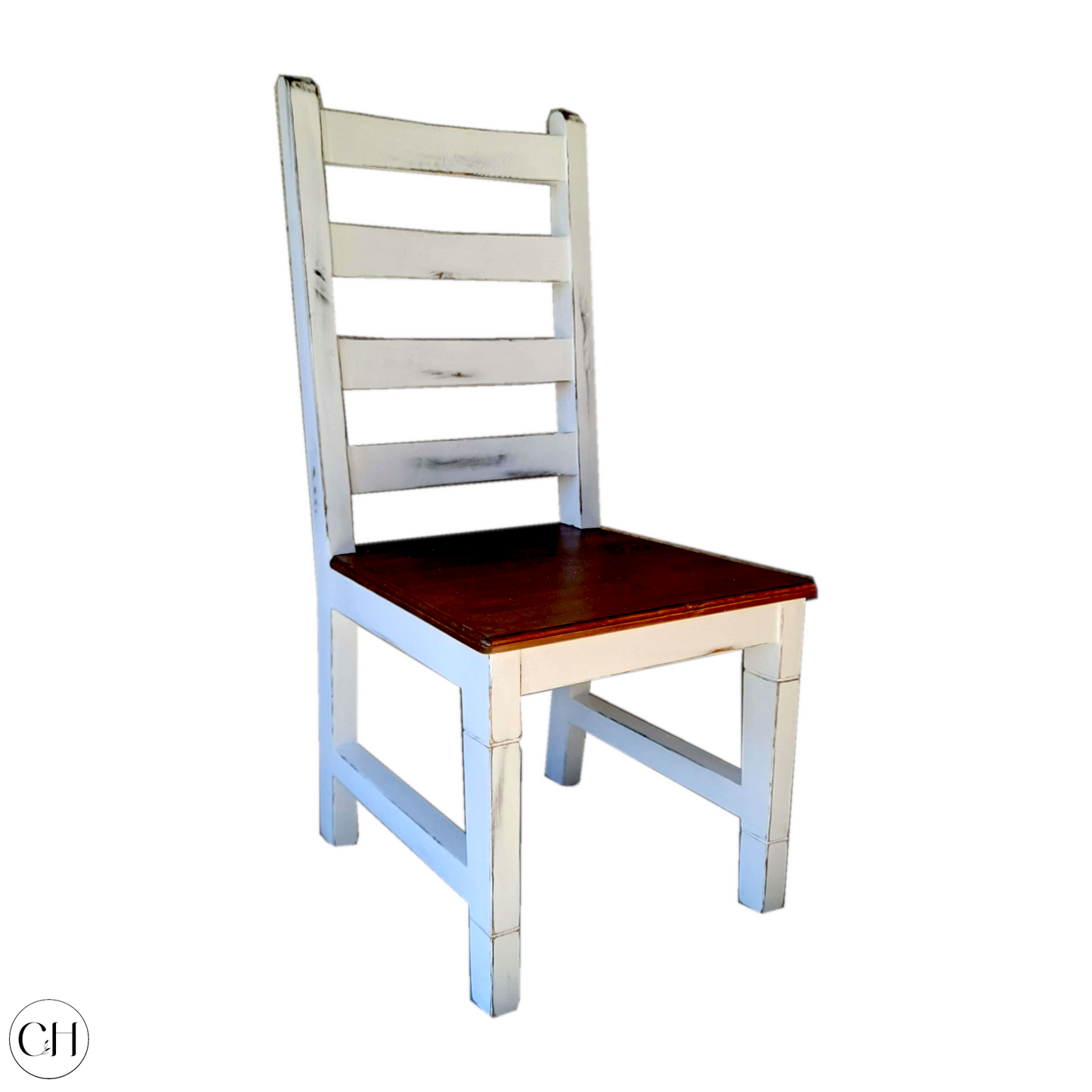 Wooden dining chair in wood and distressed white finish, against a white background | CustHum