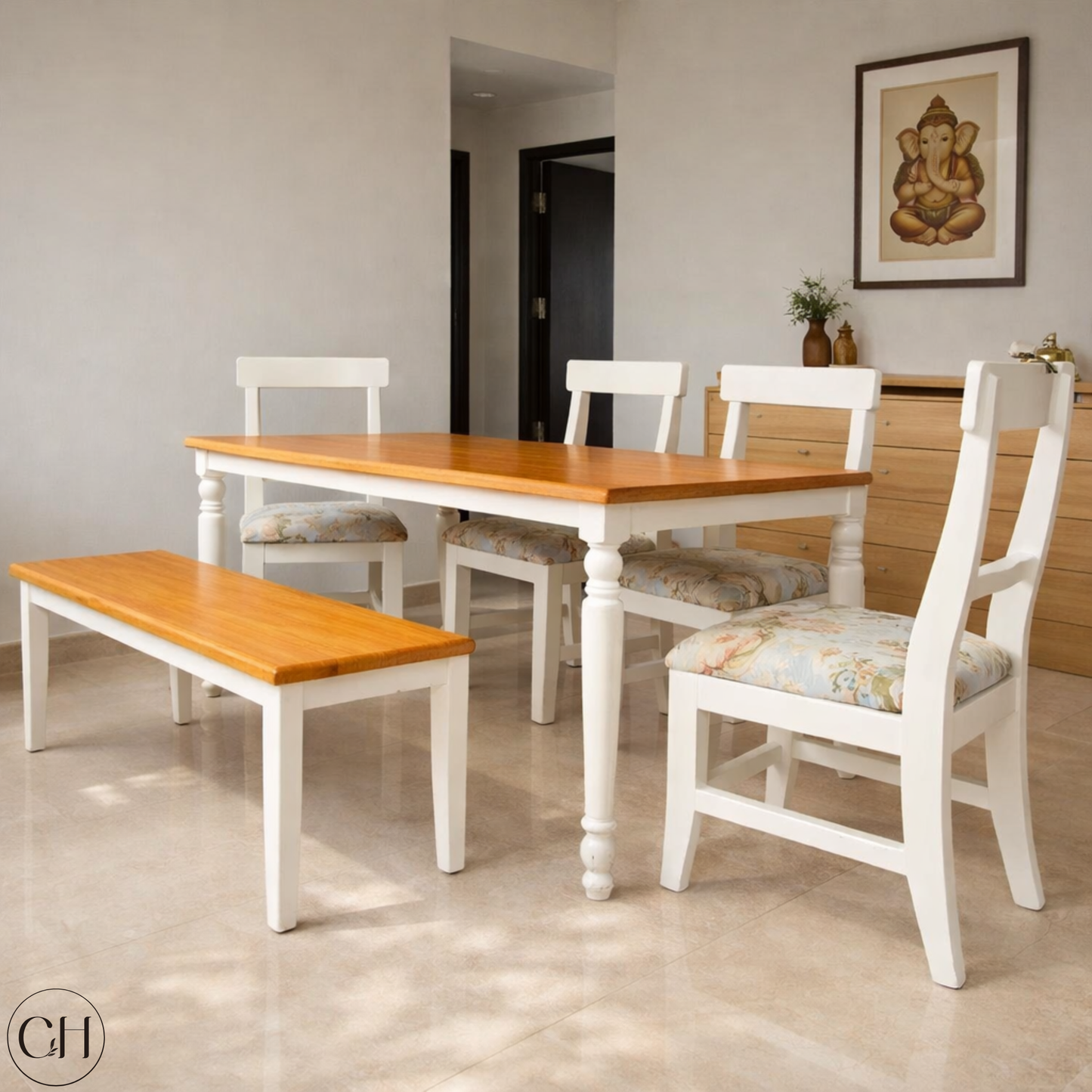 Dining room with English country-style wooden dining table and chairs in a home setting, light teakwood tone | CustHum
