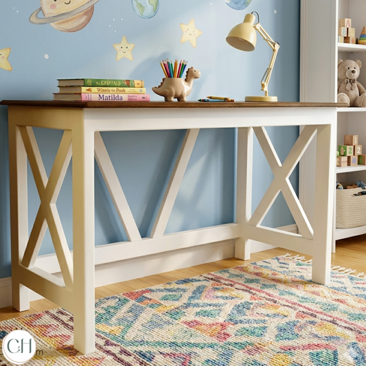 Farmhouse-style table with cross base design in white and wood tone, showing a cheerful kids room set up | CustHum