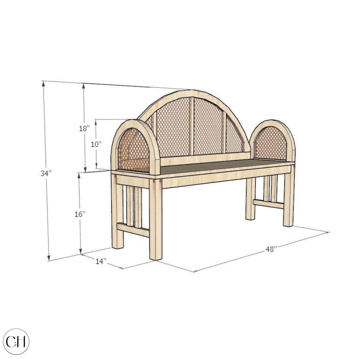 CustHum Elenore - solid wood entryway bench with woven rattan on back and arms (2D diagram with dimensions)