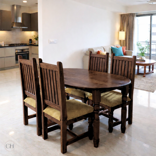 4-seater oval-shaped wooden dining table with upholstered chairs in a modern apartment, dark wood tone | CustHum