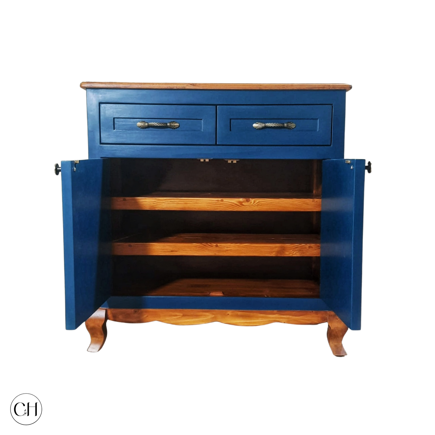 CustHum-Vermeer-colonial style shoe rack in two tone finish (wood+teal, front open view)