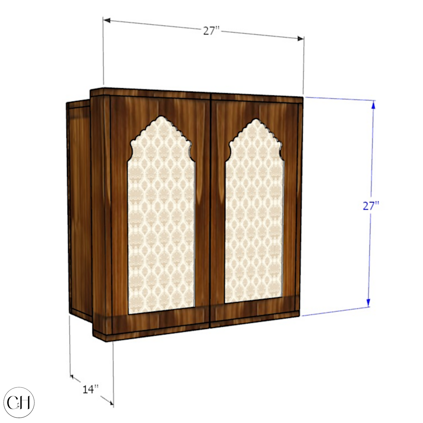 CustHum-Bhakti-compact wallmounted puja unit with traditional Indian motif on doors (dimensions, closed)