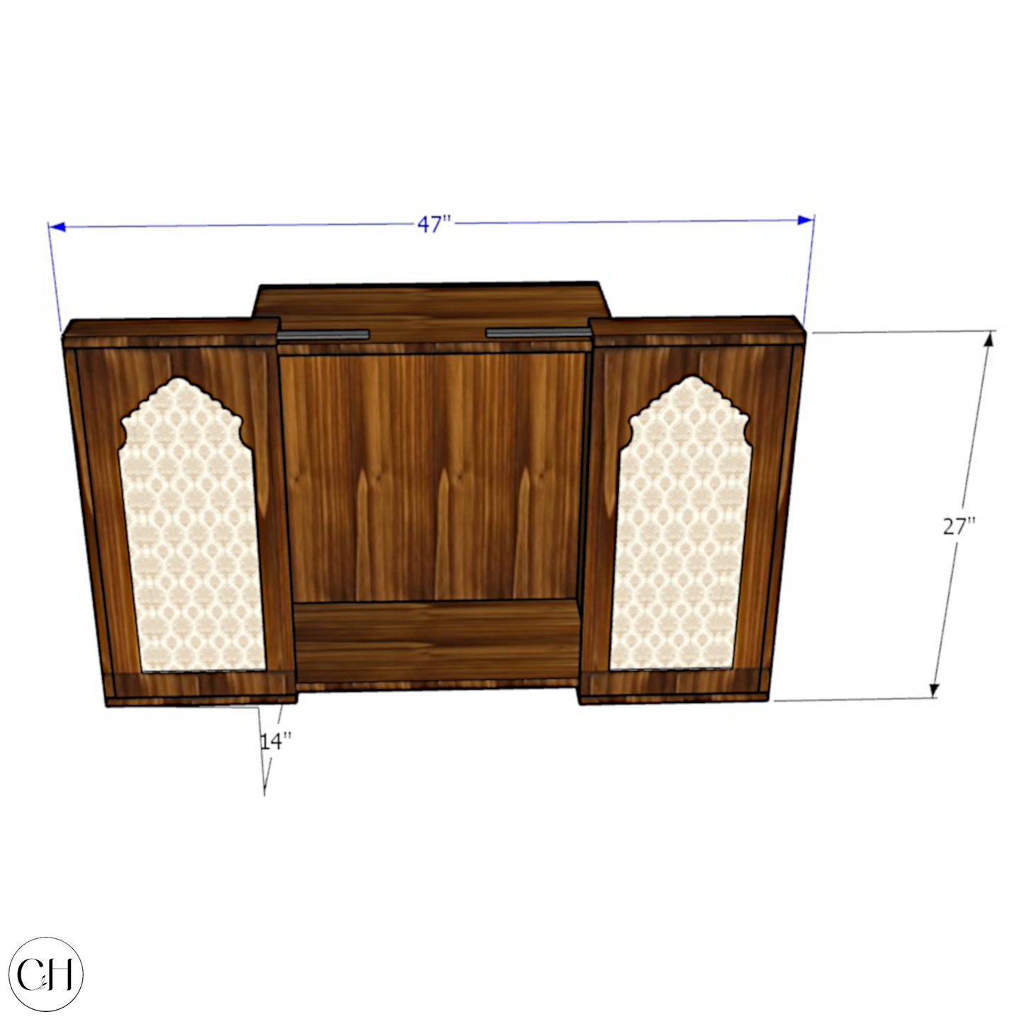 CustHum-Bhakti-compact wallmounted puja unit with traditional Indian motif on doors (dimensions, open)