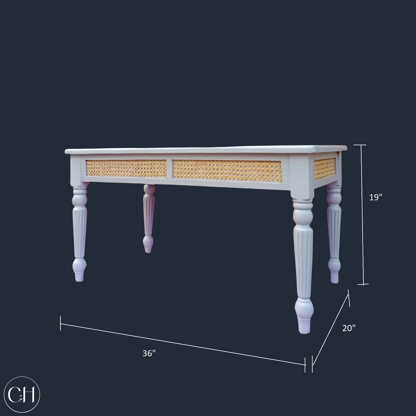 CustHum - Coffee table with glossy laminated top, rattan accent on apron, turned legs (dimensions, blue background)