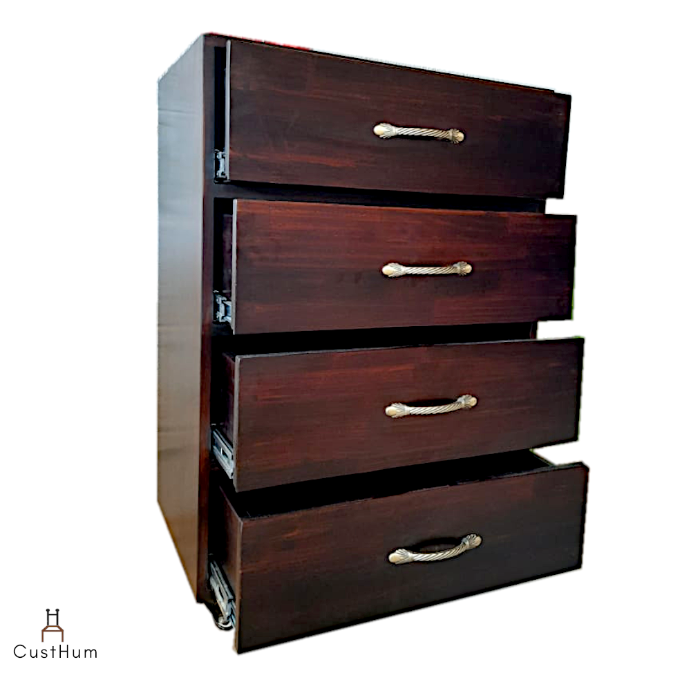 CustHum-Vivara-chest drawers on wheels with 4 large drawers (open, profile view)
