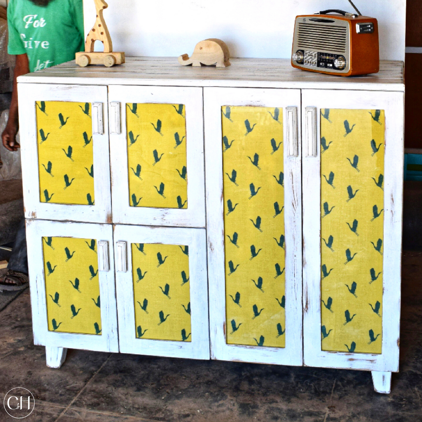 Flamingo - Multipurpose Wooden Storage Cabinet with Fabric-Laminated Doors (with props)