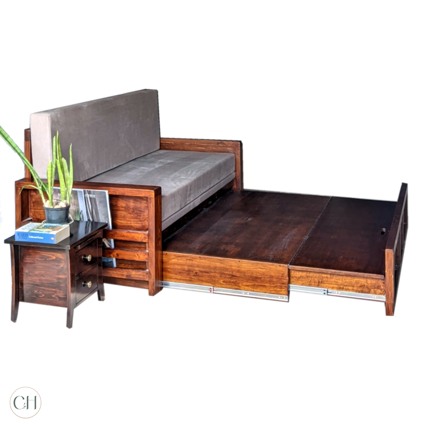 CustHum-Helen-expandable sofa cum bed with magazine holder on either side, cushion mattress (fully open showing storage at foot, ISO)