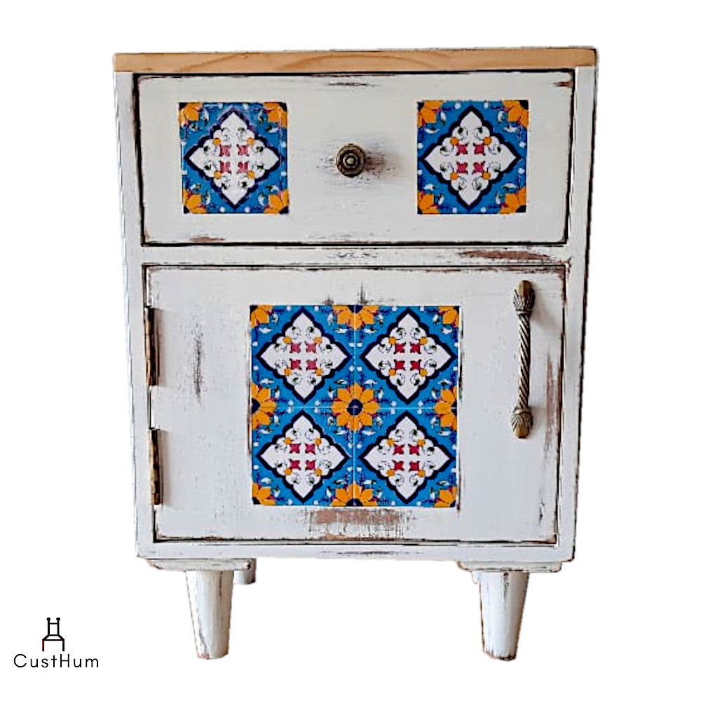 Jasmine - Distressed Solid Wood Side Table with Embedded Tiles - CustHum