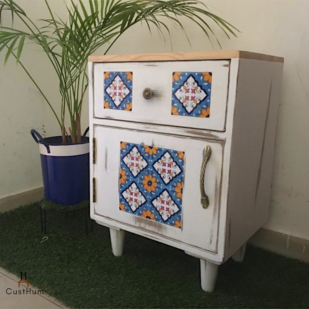 Jasmine - Distressed Solid Wood Side Table with Embedded Tiles - CustHum