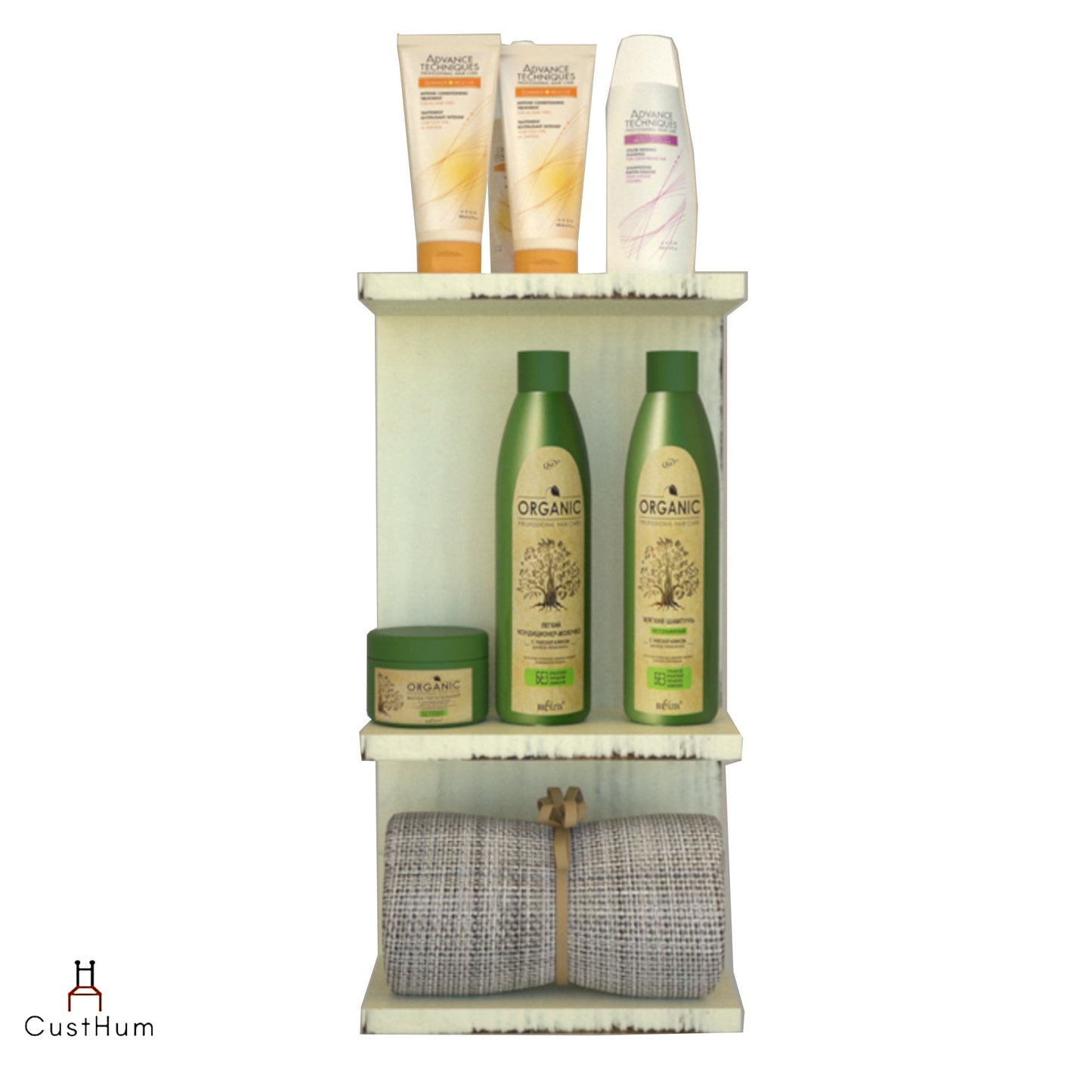 CustHum-Moor-simple vertical wooden bathroom shelf-distressed white (front, with props)