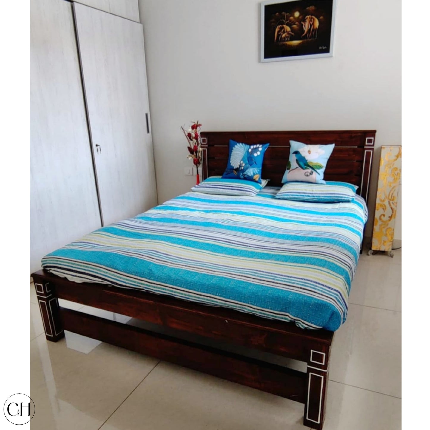 Bedroom displaying CustHum Peony solid wood cot with inlaid paintwork on headboard and legs