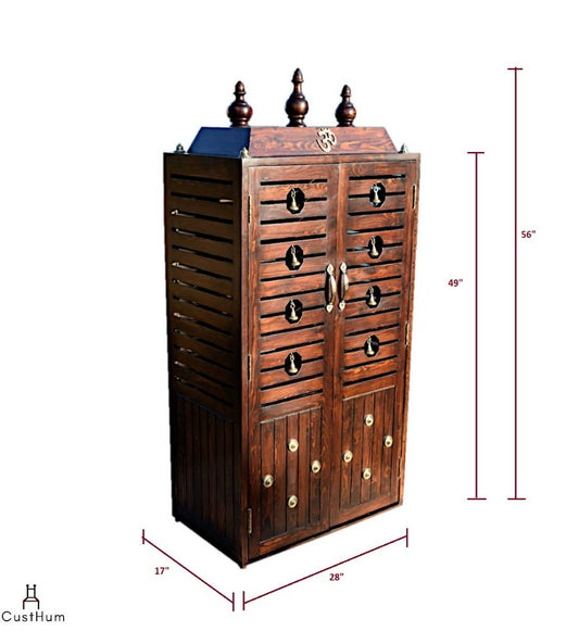 CustHum - Compact puja mandir with stowable stool, dimensions