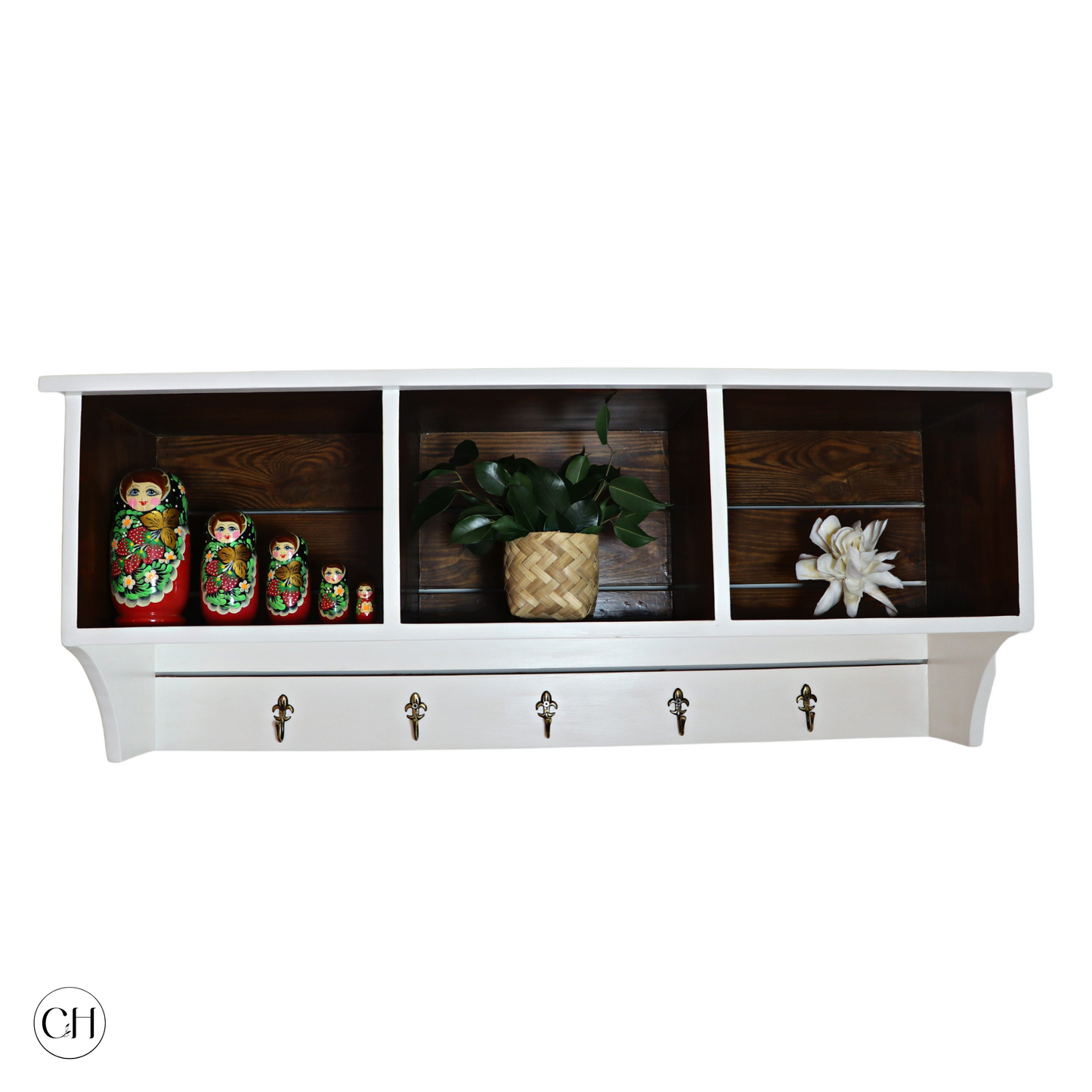 CustHum-Wengen-farmhouse-style entryway wall shelf with 3 cubby holes and 5 hooks-white and wood tone (front view)