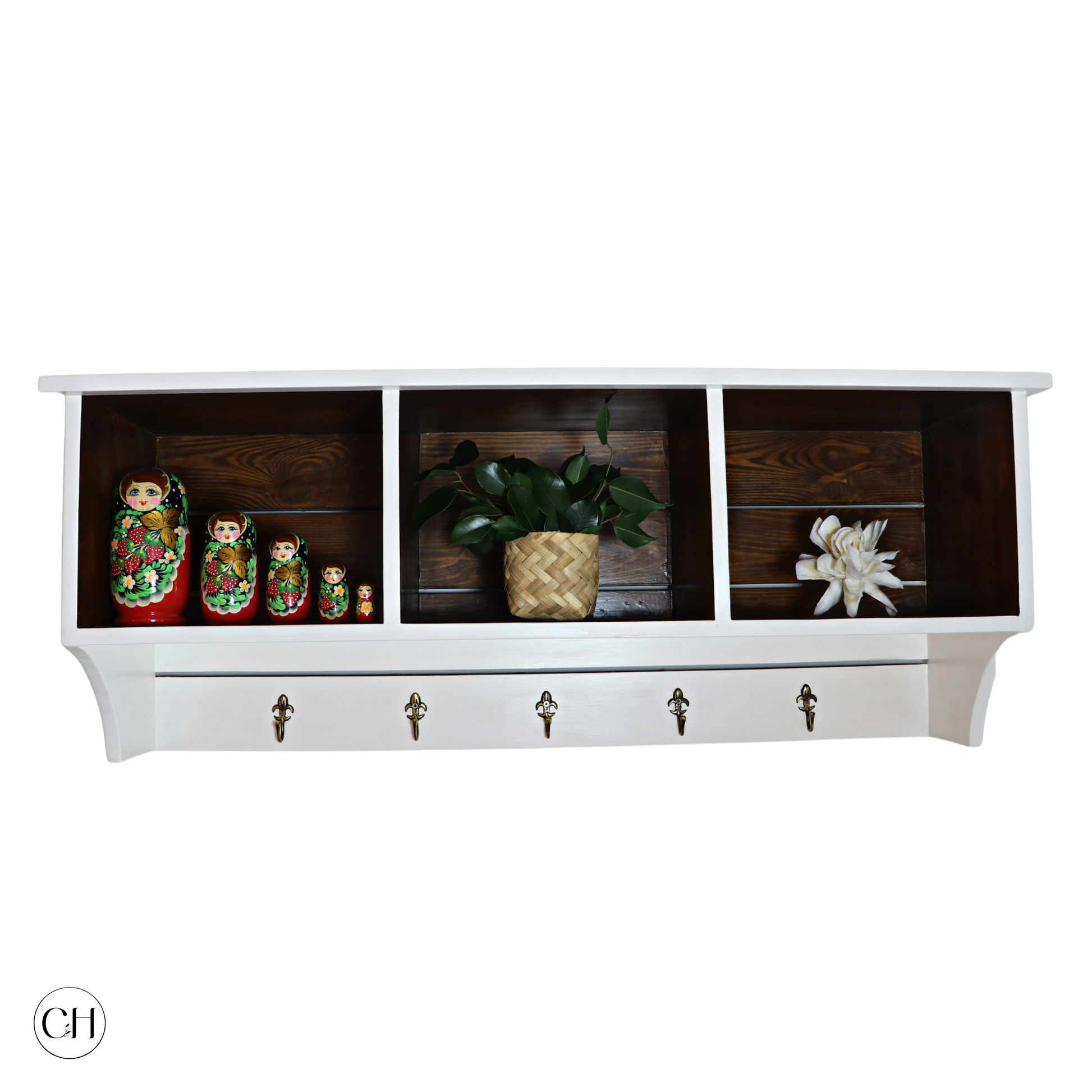 CustHum-Wengen-farmhouse-style entryway wall shelf with 3 cubby holes and 5 hooks-white and wood tone (front view)