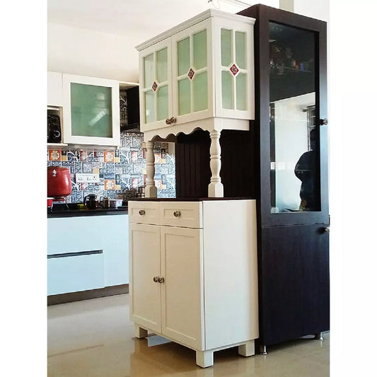White crockery hutch featuring a combination of traditional Indian and classy modern design, fluted glass shelves supported on pillar-like columns set on a cabinet (ISO view)