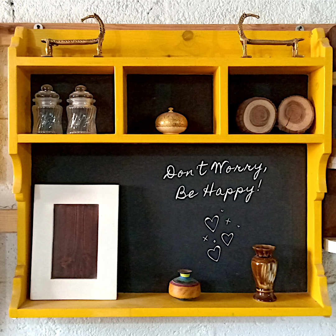 CustHum Large ornate yellow wall shelf with blackboard paint on the back