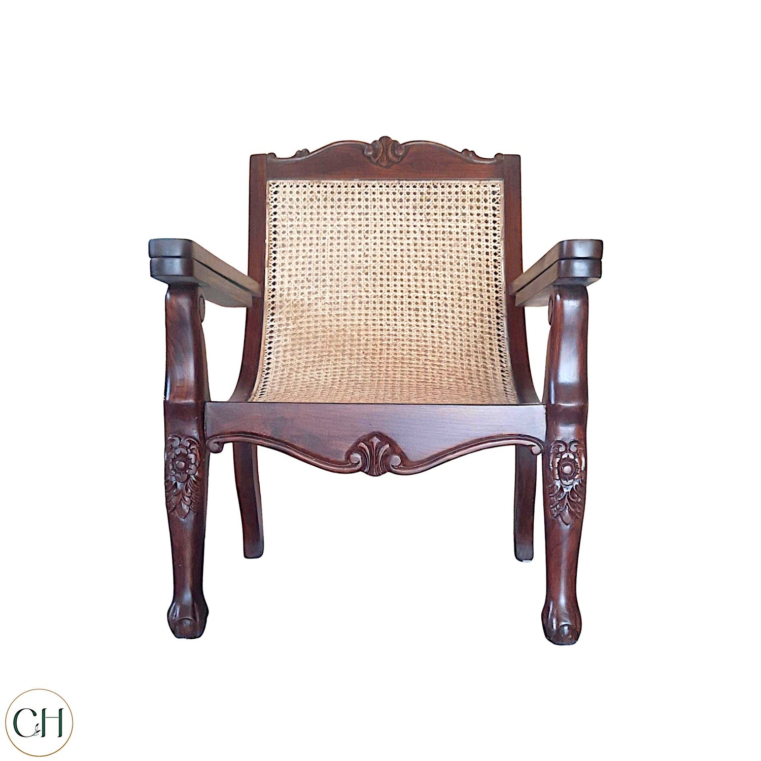 CustHum Planters Chair with seamless rattan seat, carving on legs and frame