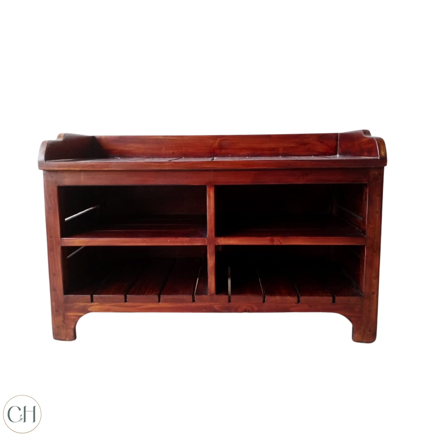 CustHum - Compact wooden open-style shoe cabinet with 4 compartments and seat