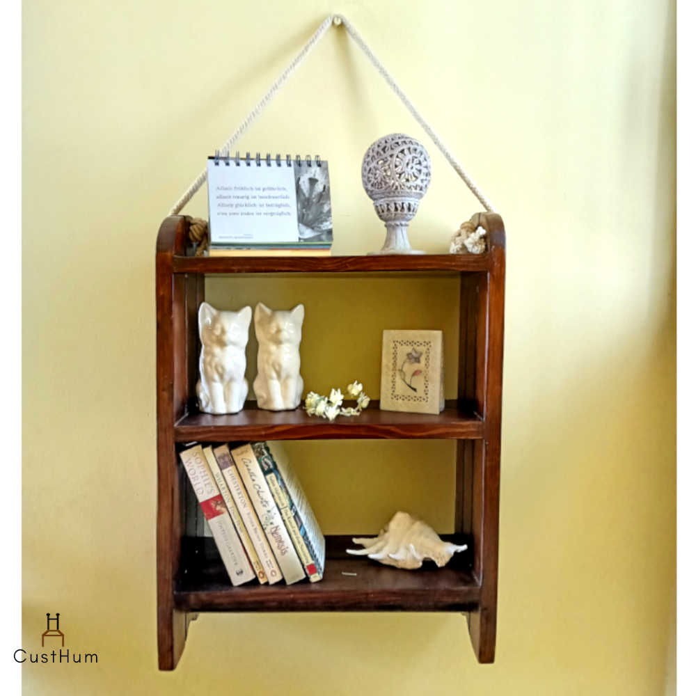CustHum Wooden rope shelf with two open shelves displaying various decoratives