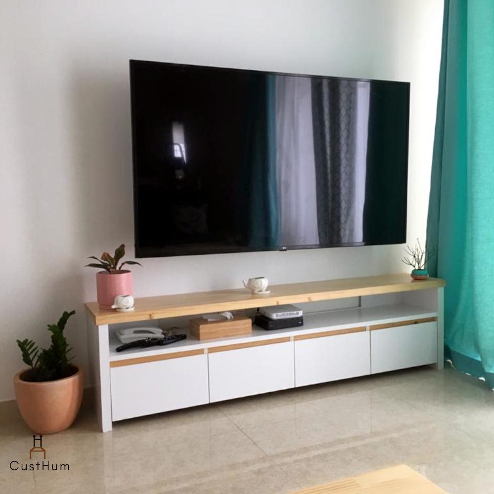 CustHum TV Unit Collection showing simple white-and-wood TV unit with four handles-less drawers