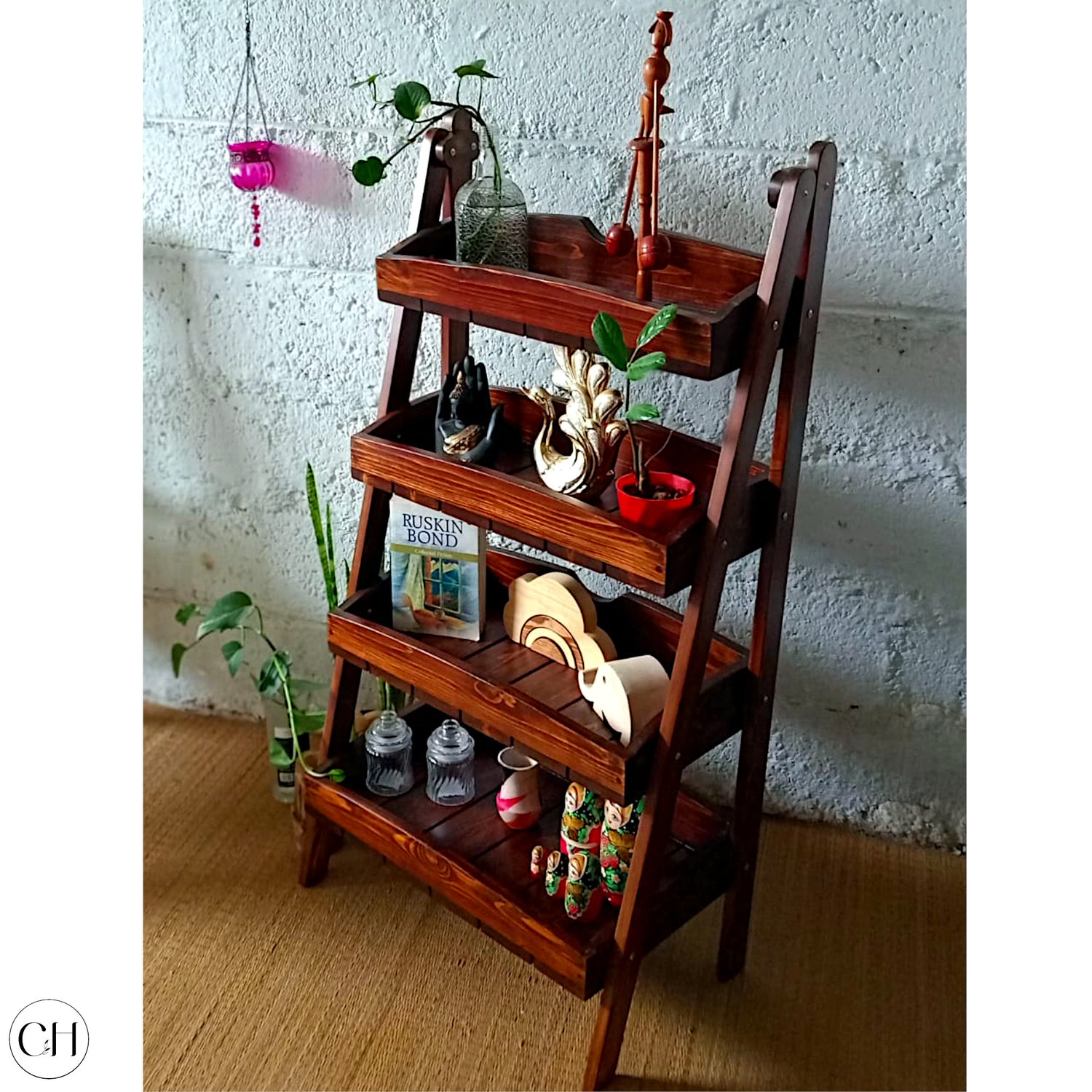 CustHum - Wooden ladder shelf with decorative items on each tier (ISO view) 