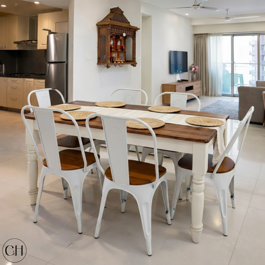 6-seater dining set with wooden table and metal chairs in wood-white tone placed in a modern Indian apartment | CustHum