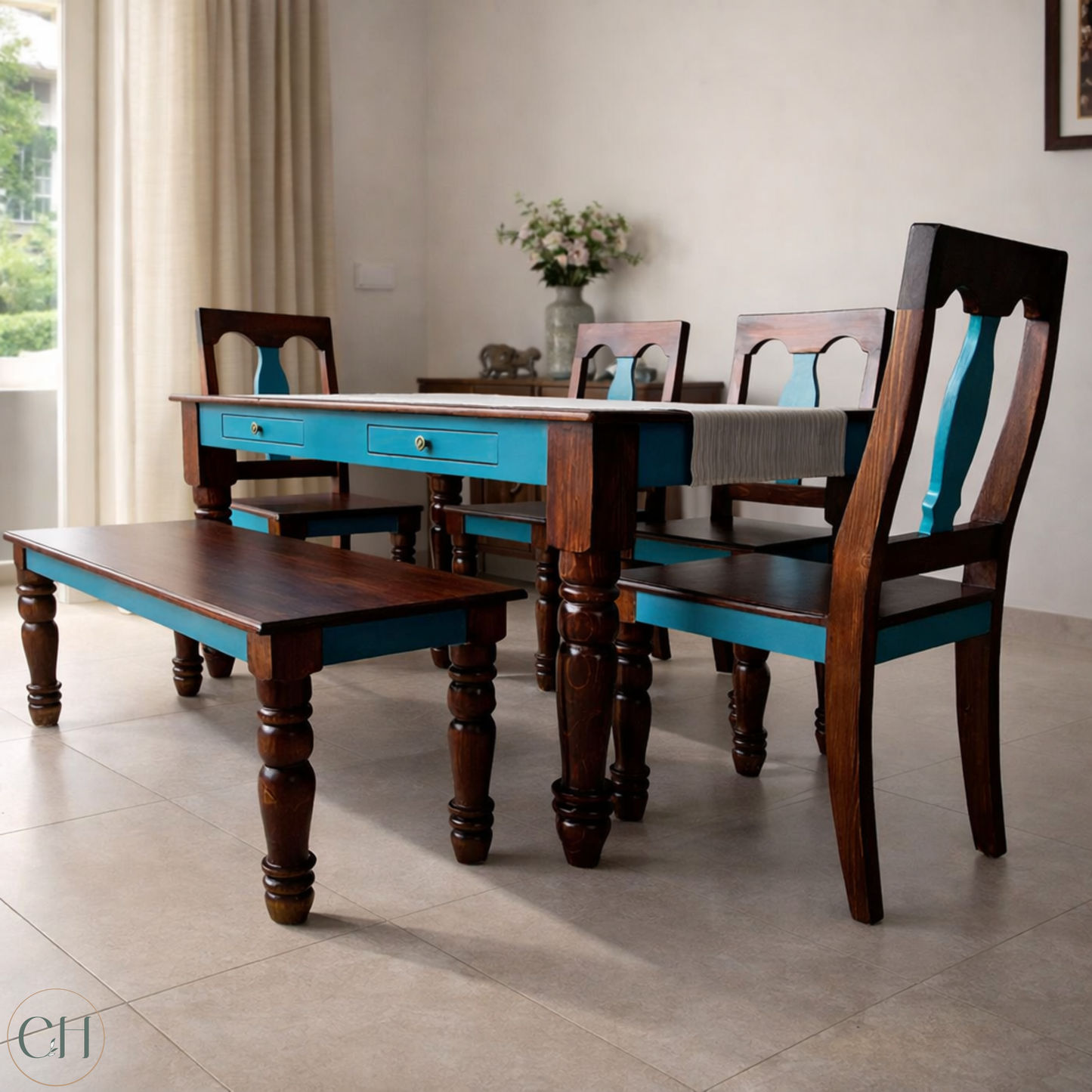 Farmhouse-style dining set with wooden table and chairs, and a bench, in a room with light-colored walls and floor | CUSTHUM