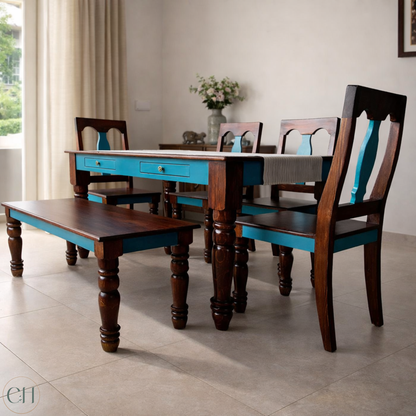 Farmhouse-style dining set with wooden table and chairs, and a bench, in a room with light-colored walls and floor | CUSTHUM