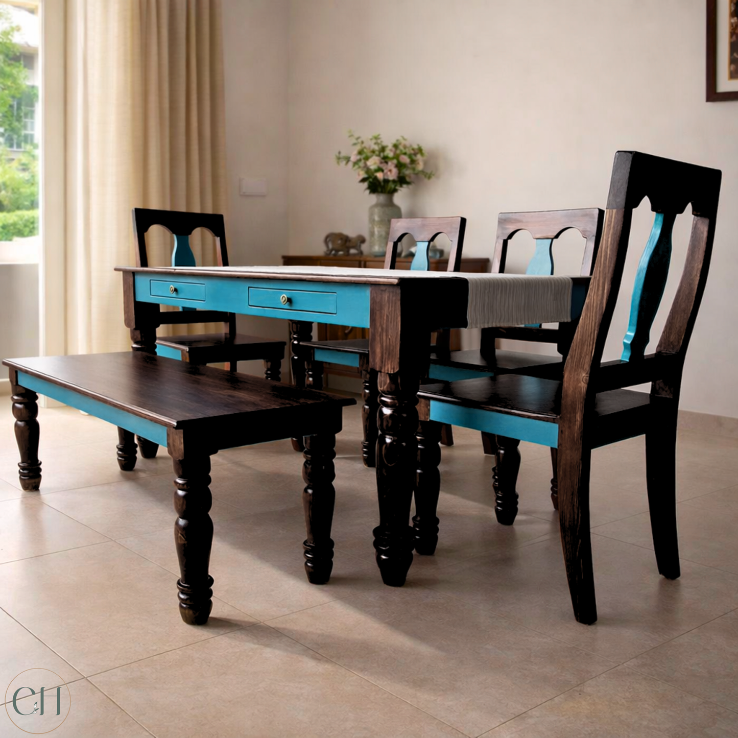 Farmhouse-style dining set with wooden table and chairs, and a bench, in a room with light-colored walls and floor | CUSTHUM