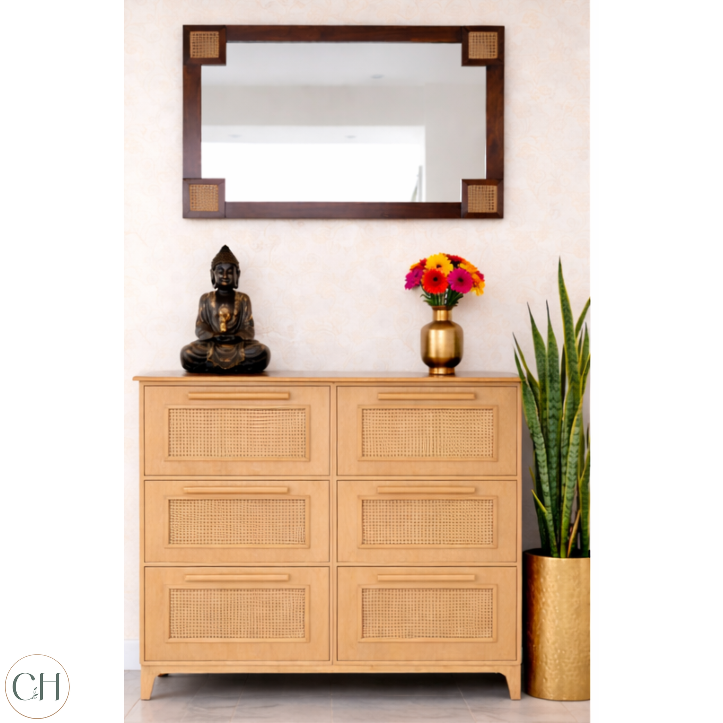 Large wooden shoe rack in light wood tone, with rattan panels, decorative items and a mirror on the wall | CUSTHUM