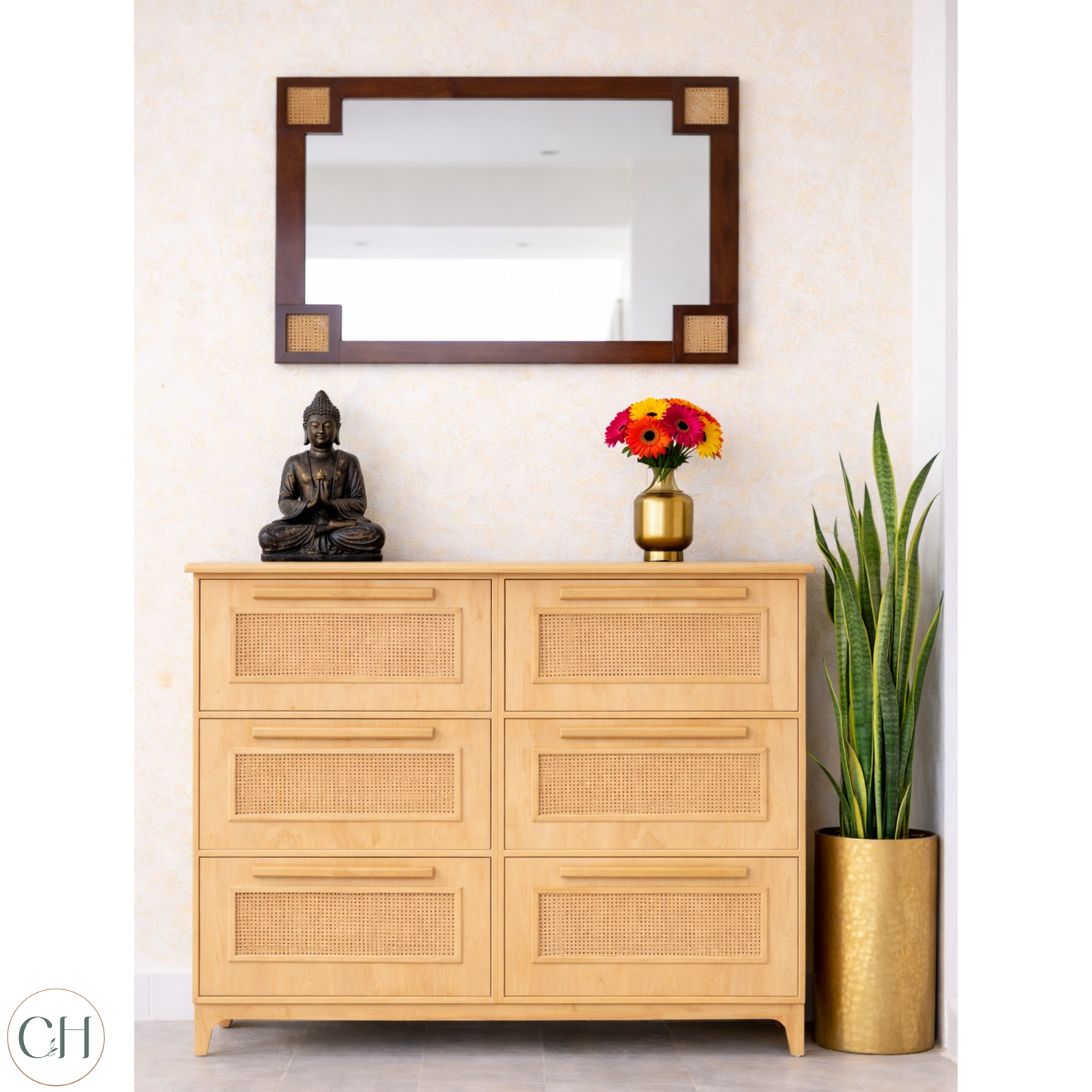 Large wooden shoe rack in natural pinewood tone, with rattan panels, decorative items and a mirror on the wall | CUSTHUM