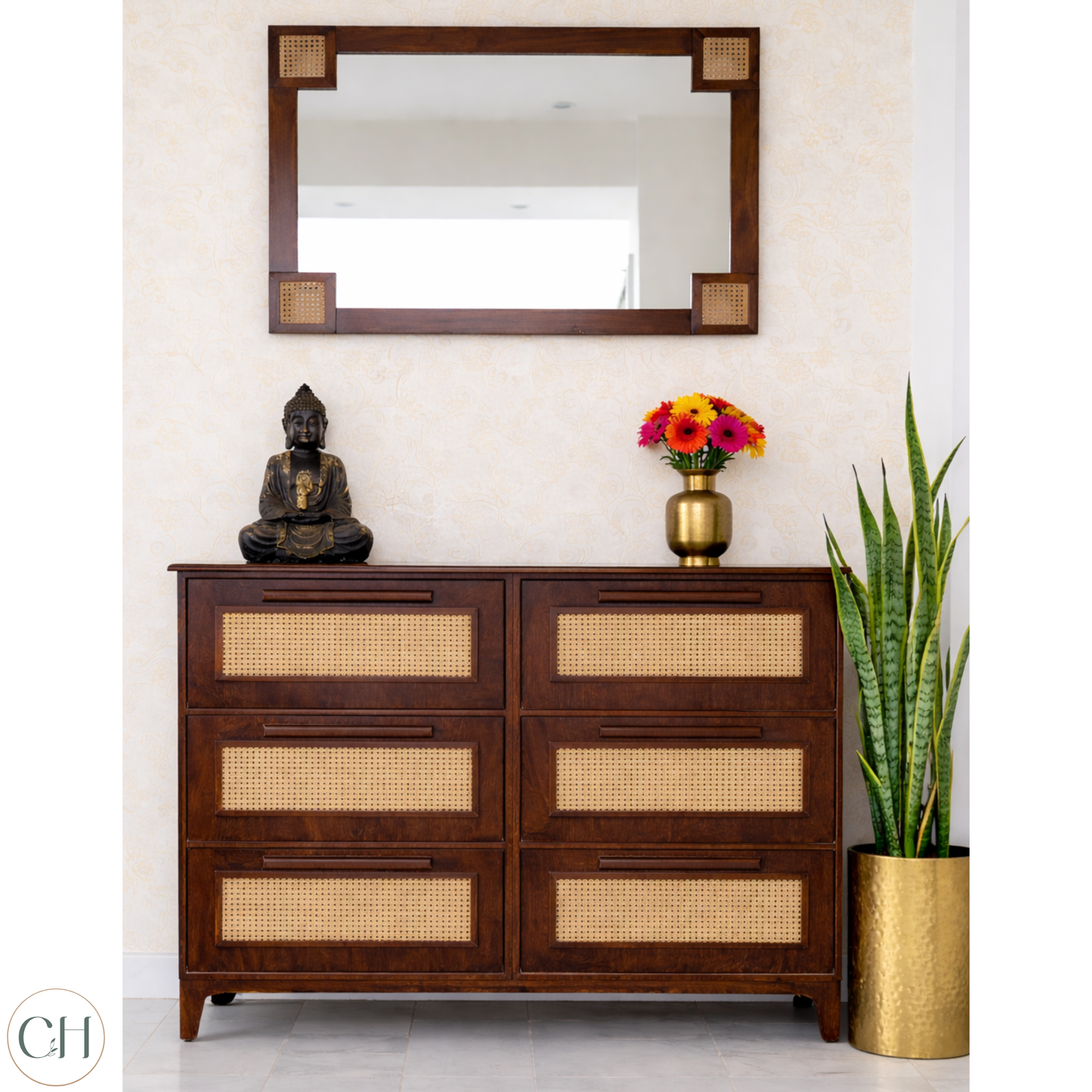 Large wooden shoe rack in dark wood tone, with rattan panels, decorative items and a mirror on the wall | CUSTHUM