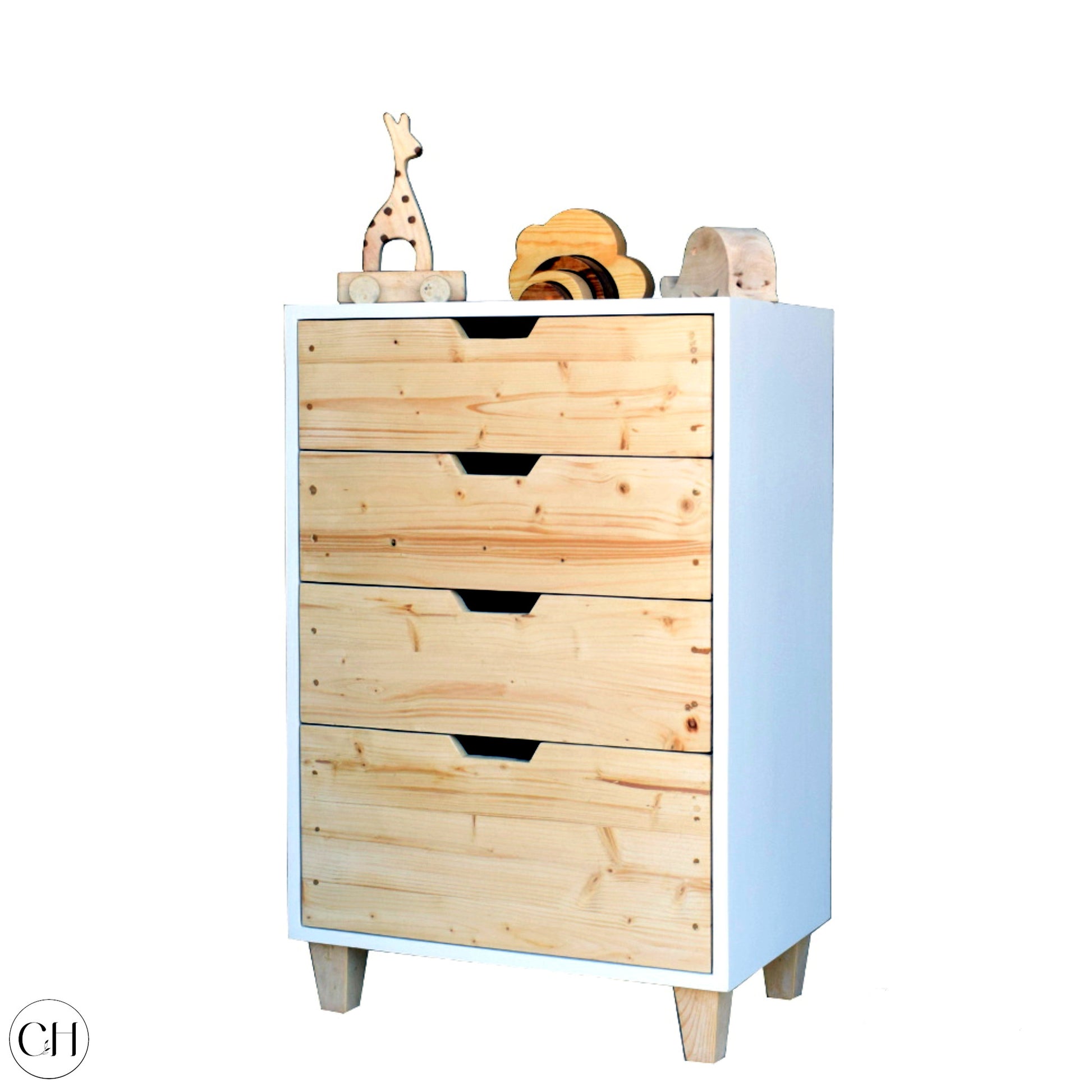 CustHum - Compact chest of drawers without handles, white and wood finish, displaying wooden toys on top