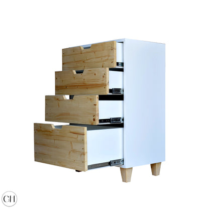 CustHum - Compact chest of drawers without handles, white and wood finish, displaying open drawers (ISO)