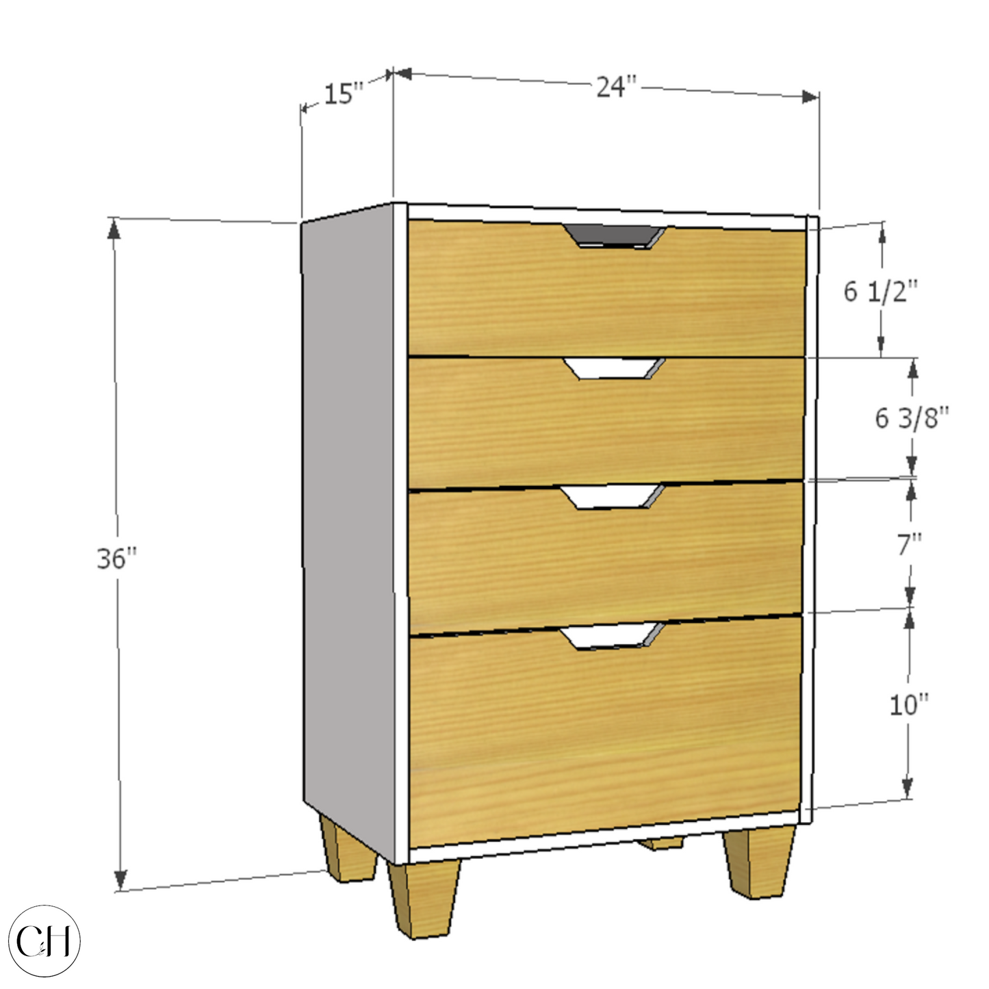CustHum - 2D drawing of compact chest of drawers without handles, white and wood finish, showing dimensions