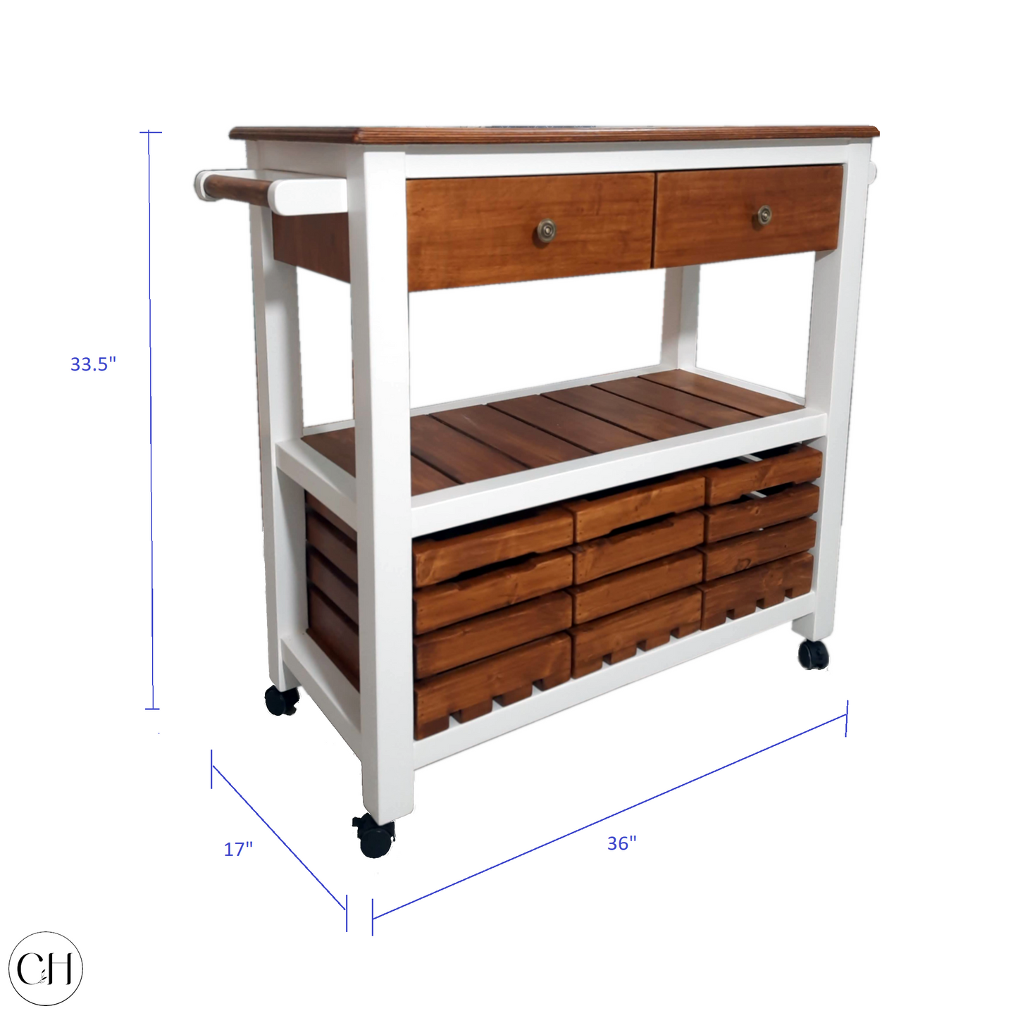 CustHum Belfast - Kitchen island trolley with 2 drawers, open middle self, 3 removable crates (dimensions)