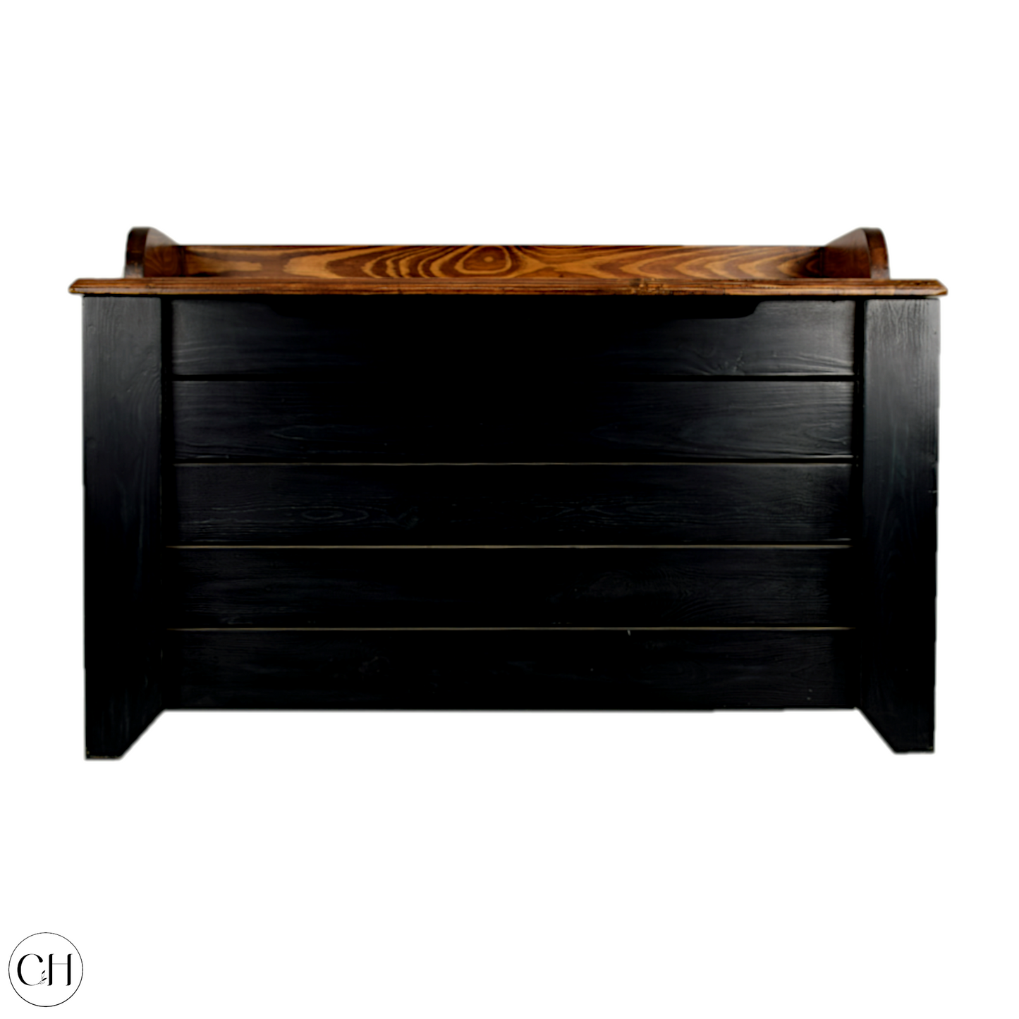 CustHum - Coucal - Large wooden storage box with thin backrest on the opening flap (black and wood color, closed front view)