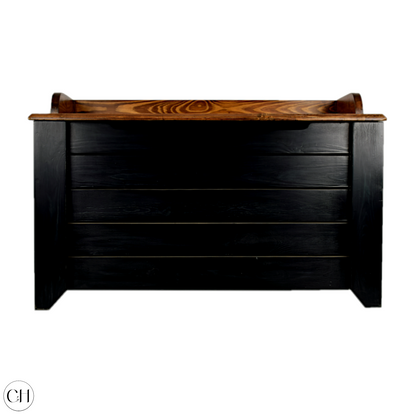 CustHum - Coucal - Large wooden storage box with thin backrest on the opening flap (black and wood color, closed front view)