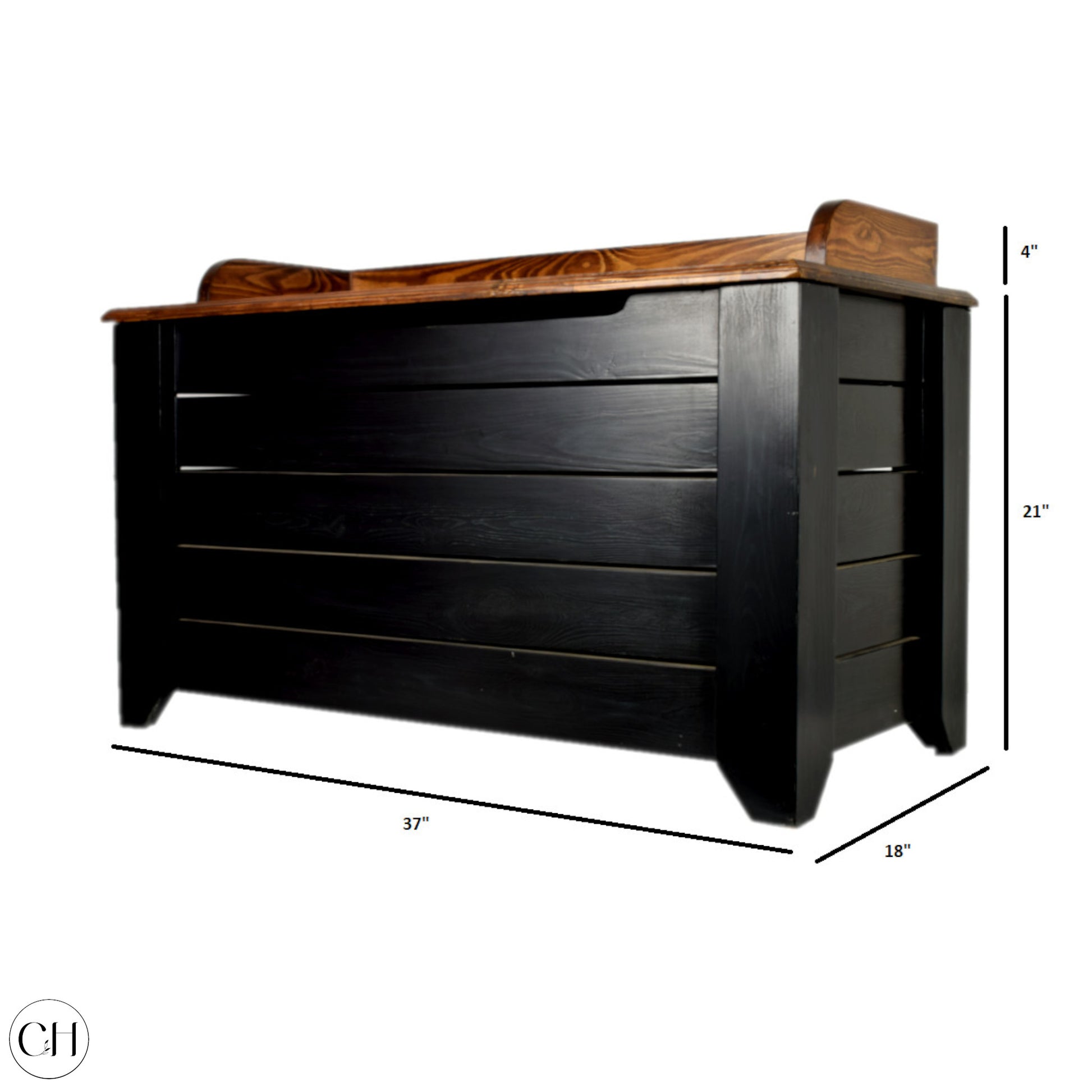 CustHum - Coucal - Large wooden storage box with thin backrest on the opening flap (dimensions)