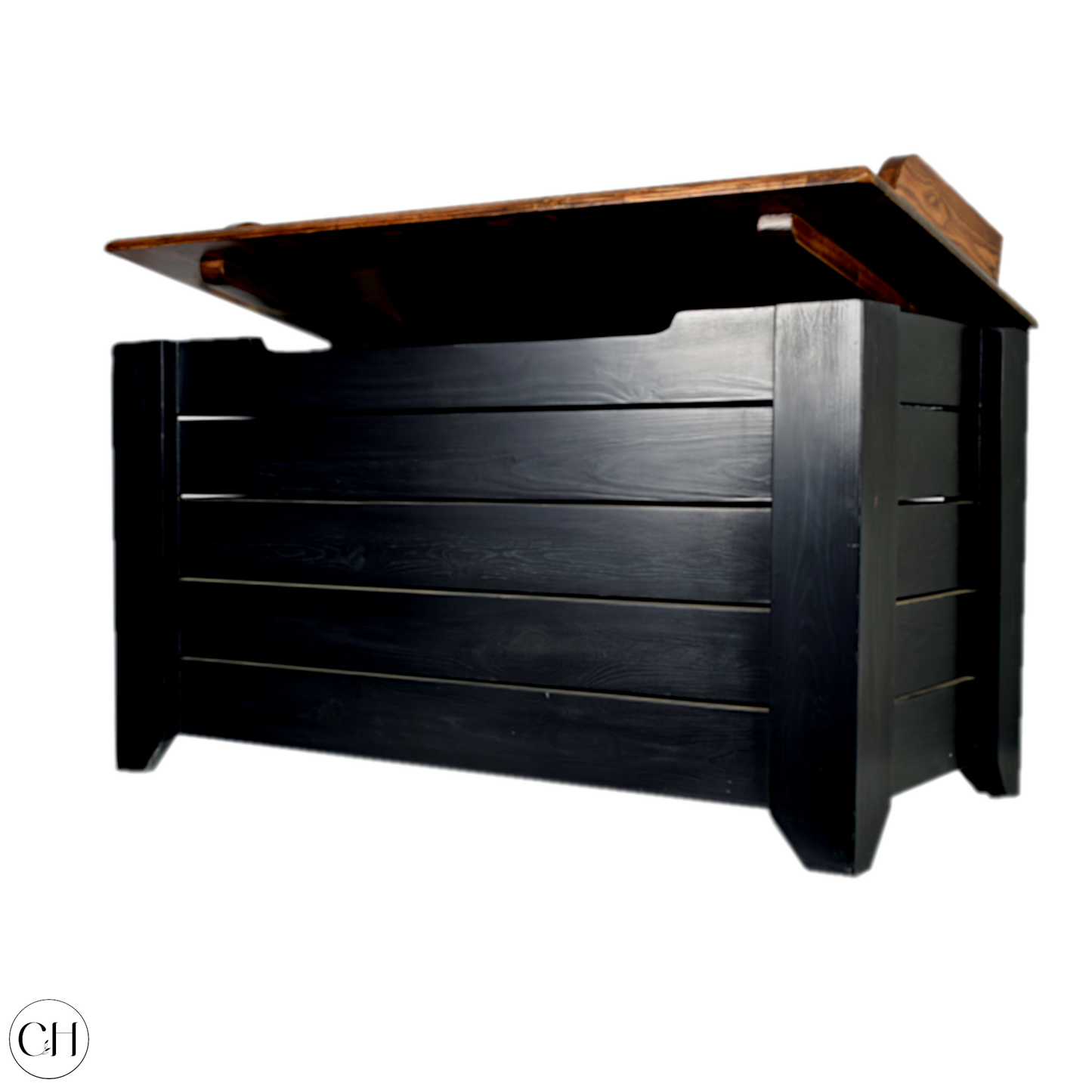 CustHum - Coucal - Large wooden storage box with thin backrest on the opening flap (black and wood color, open ISO view)