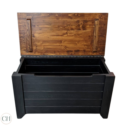 CustHum - Coucal - large solid wood storage trunk chest in black-and-wood finish (front open view)