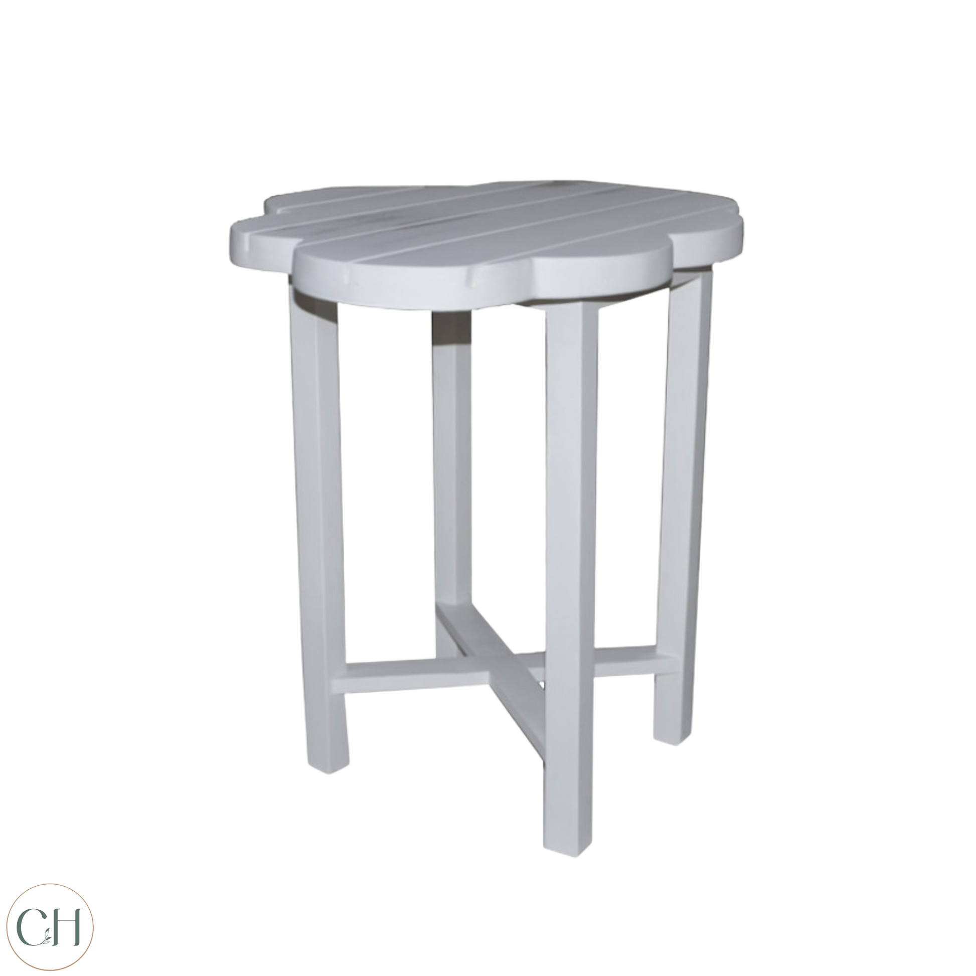 Wooden white outdoor stool with cloud-shaped top, set against white background