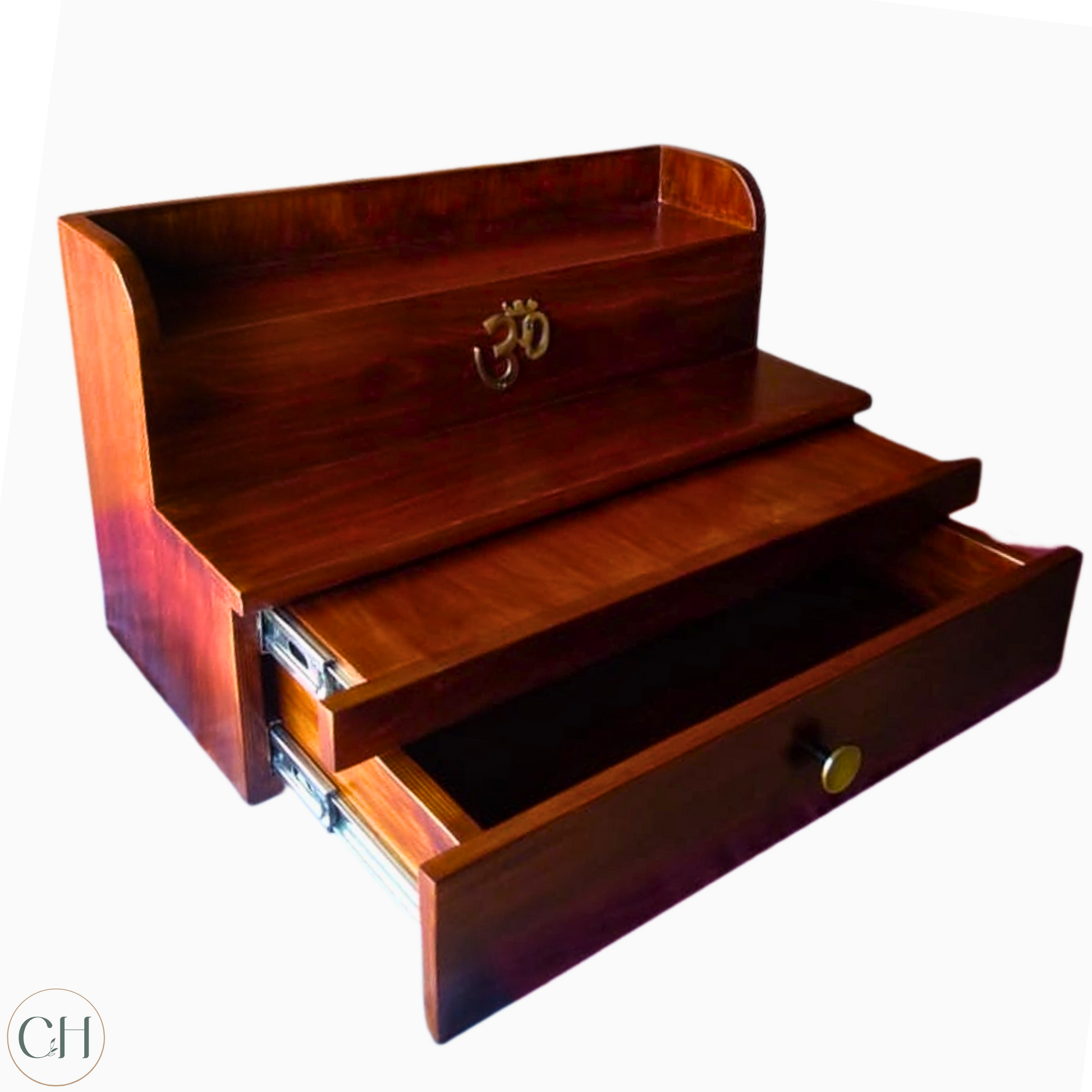 Compact wooden puja mandir with brass AUM symbol, showing open storage shelves